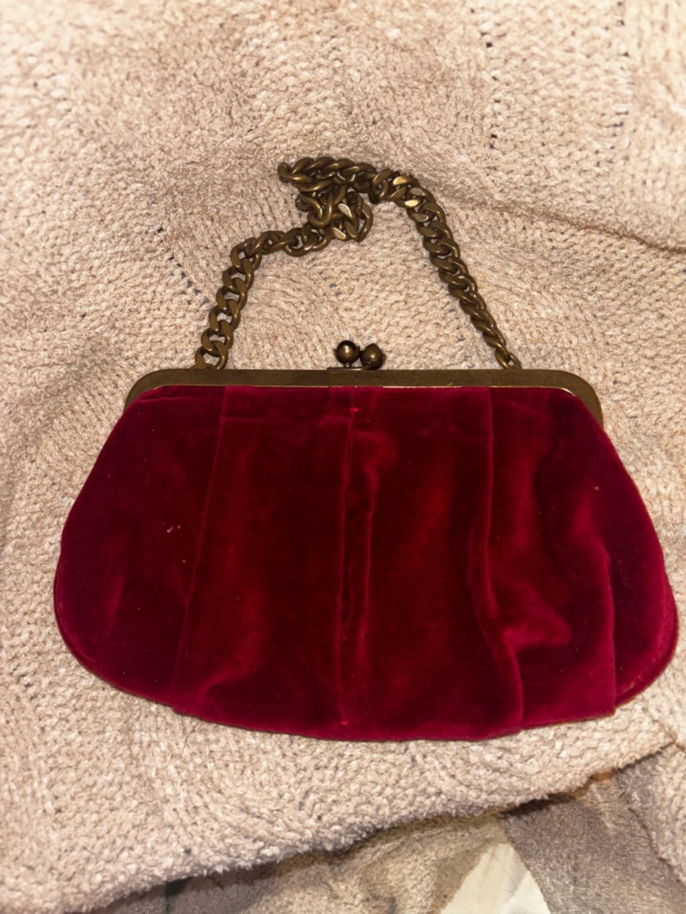 SALE! J.Crew Red Velvet Kiss Lock Clutch Brass Chain Strap Frame Bag